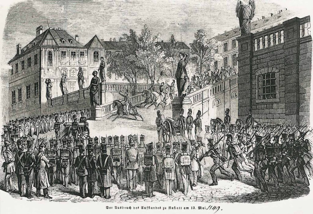 Holzstich: Soldaten und Bürger beim Ausbruch des Aufstands in Rastatt im Mai 1849