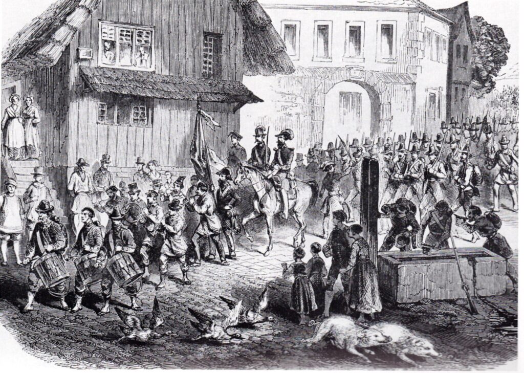Holzstich: Struves Freischaren ziehen im September 1848 durch einen badischen Ort