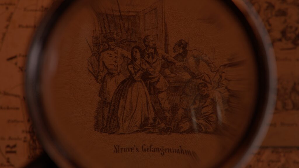 Historischer Stich „Struve's Gefangennahme“ unter einer Lupe: Soldaten führen Gustav Struve und eine Frau ab
