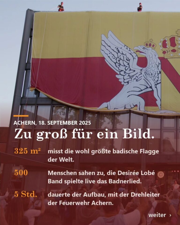 Zu groß für ein Bild. Am 18. September 2025 hat die Feuerwehr Achern am alten Rathaus die wohl größte badische Flagge der Welt herabgelassen - 325 Quadratmeter, rund 500 Menschen auf dem Platz und das Badnerlied live von der Desirée Lobé Band. Danke an die Feuerwehr Achern, ohne euch hätte dieser...