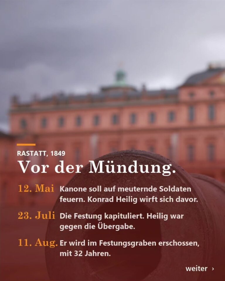 Vor der Mündung. Rastatt, 12. Mai 1849. Die Soldaten der Festung meutern. Eine Kanone soll auf sie feuern, so will es der badische Kriegsminister. Konrad Heilig, Unteroffizier der Festungsartillerie, wirft sich davor. Der Schuss fällt nicht. Heilig wird Kommandant der Festungsartillerie. Als die...