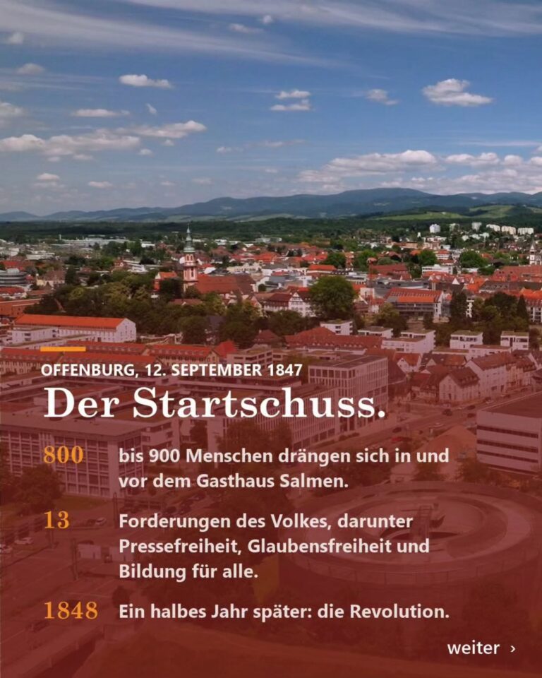 Der Startschuss. Offenburg, 12. September 1847: 800 bis 900 Menschen drängen sich in und vor dem Gasthaus Salmen. Bürgermeister Gustav Rée leitet die Versammlung, Friedrich Hecker und Gustav Struve gehören zu den Organisatoren. Am Ende stehen 13 „Forderungen des Volkes“, darunter Pressefreiheit,...
